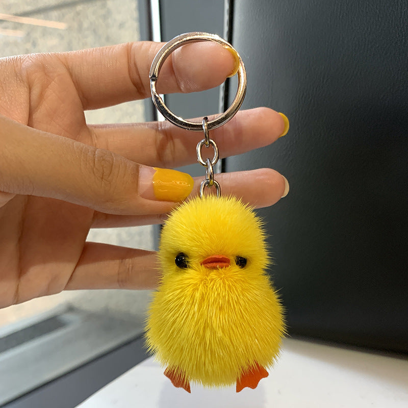 Mini Mink Hair Small Yellow Duck Car Key Ring Pendant Cute Plush Schoolbag Pendant Gift