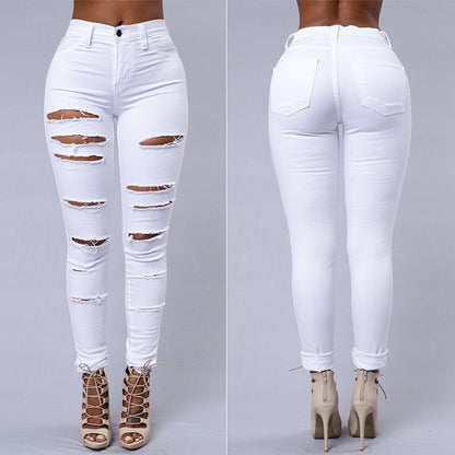 Pantalones vaqueros rotos para mujer, pantalones ajustados, pantalones casuales de cintura alta, pantalones de tubo