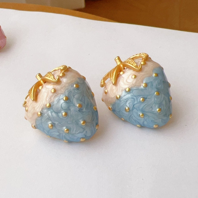 Vintage Western Style White Enamel Glaze Strawberry Silver Stud Earrings