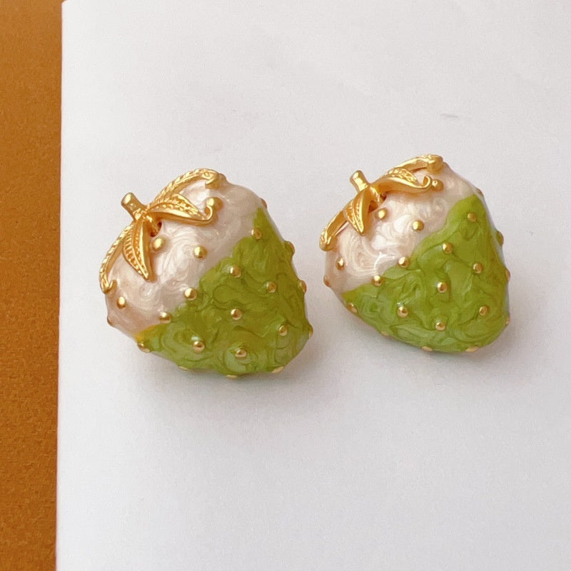 Vintage Western Style White Enamel Glaze Strawberry Silver Stud Earrings