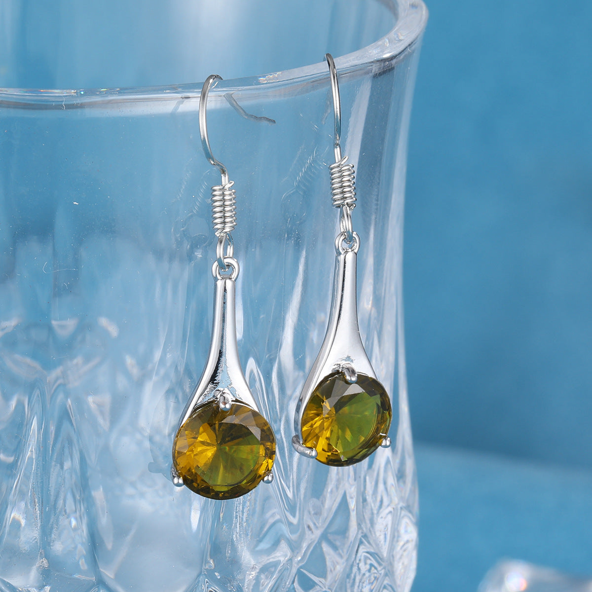 Fashion Simple Olive Green Topaz Earrings Minimalist Water Drop Shape