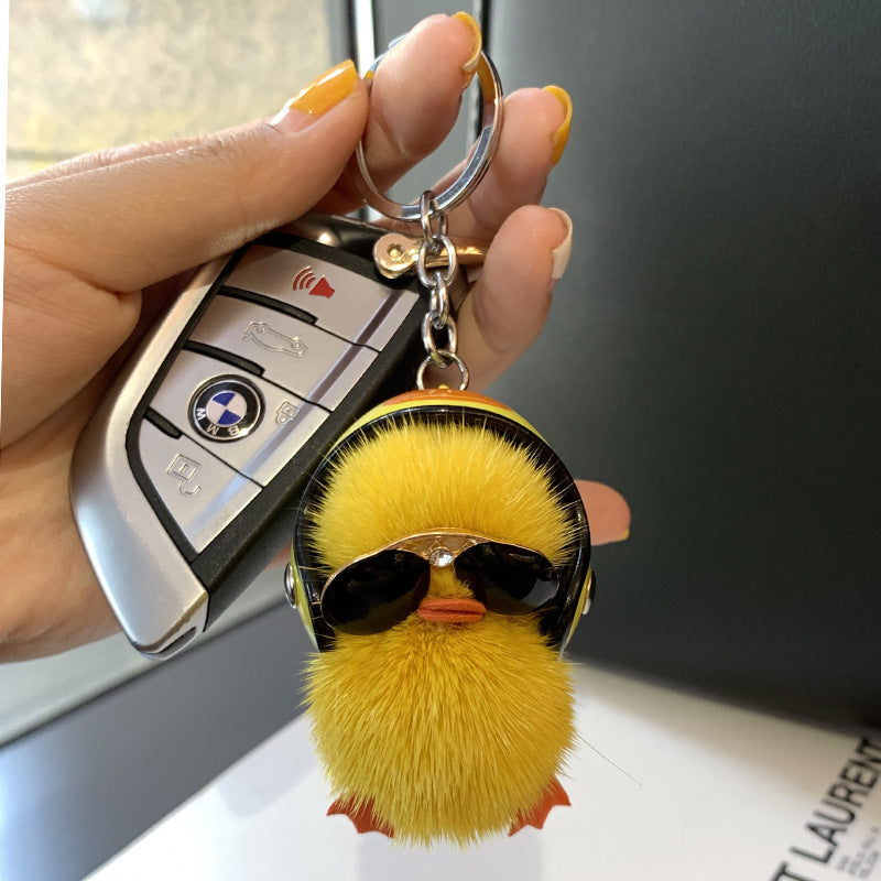 Mini Mink Hair Small Yellow Duck Car Key Ring Pendant Cute Plush Schoolbag Pendant Gift