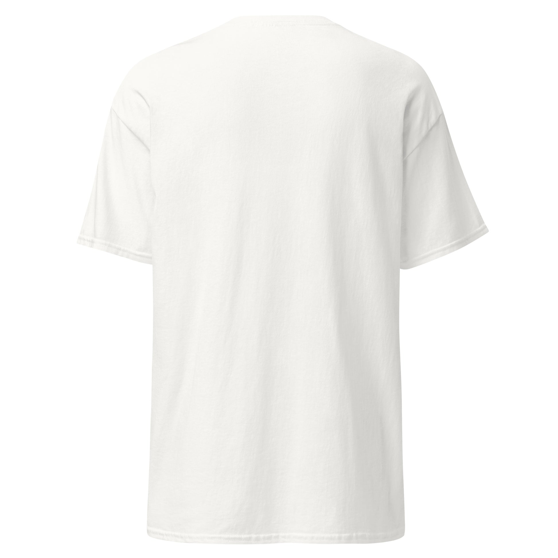 Back view of a unisex classic tee made from 100% organic cotton, featuring a relaxed fit and minimalist design.